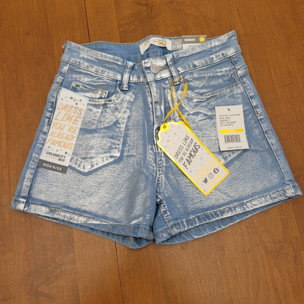 Celebrity Ace Silver Metallic Denim Shorts, Size 1/25. New